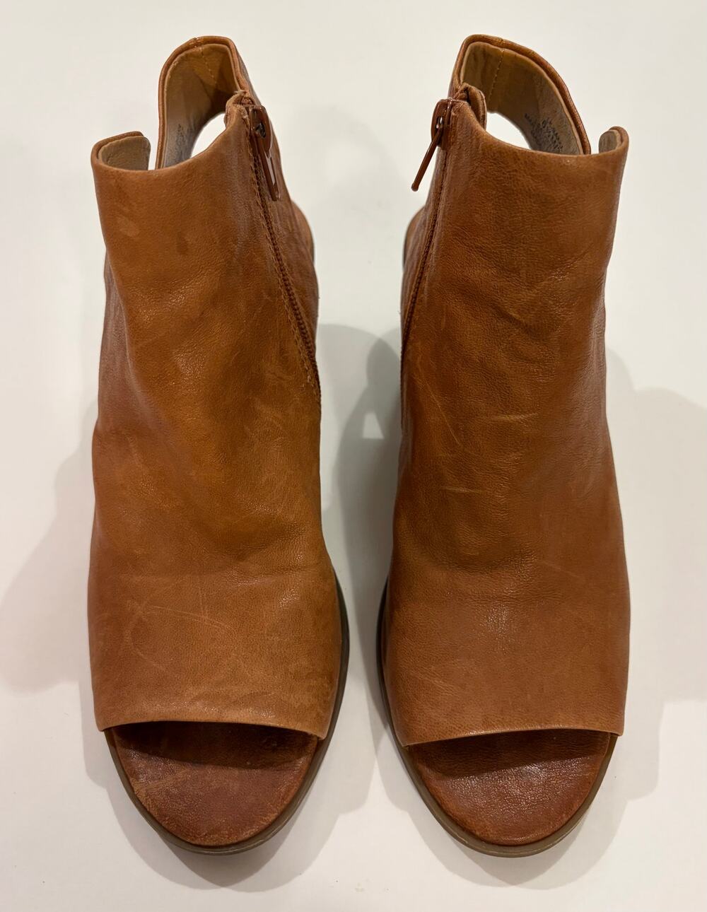 Lucky Brand Baaka Leather Open Toe Booties 6.5 Cognac Brown Block Heel